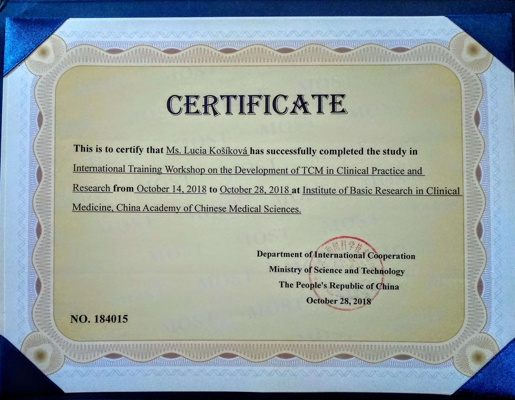 Certifikát China Academy of Chinese Medical Sciences, Peking 2018